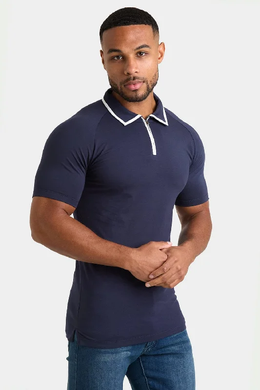 Tipped Zip Neck Polo Shirt in Navy