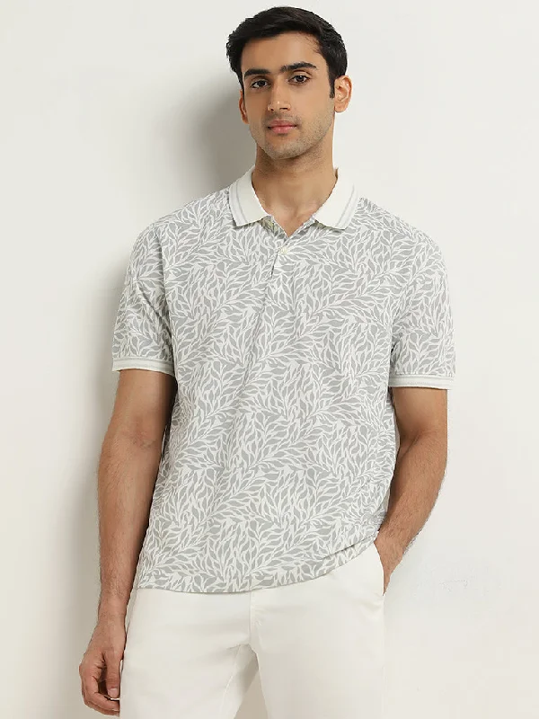 WES Casuals Grey Printed Relaxed-Fit Cotton Polo T-Shirt