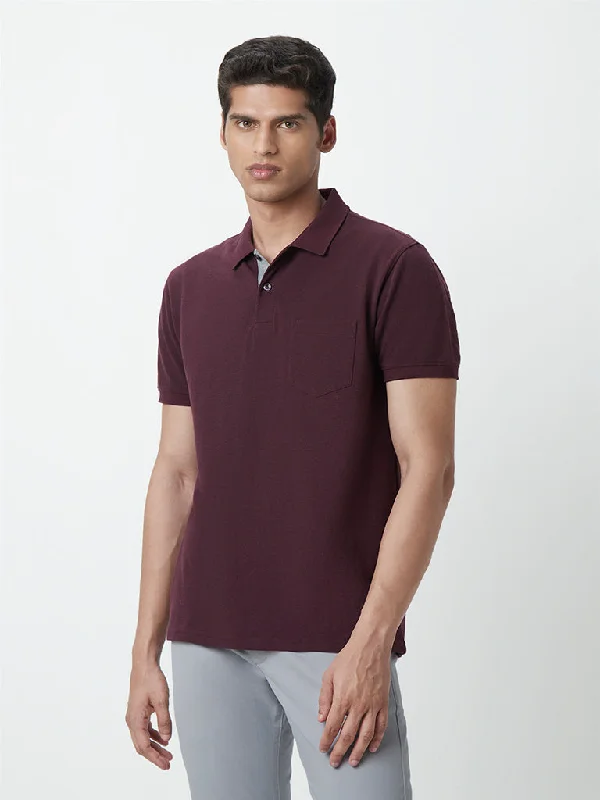 WES Casuals Wine Cotton Blend Slim-Fit Polo T-Shirt